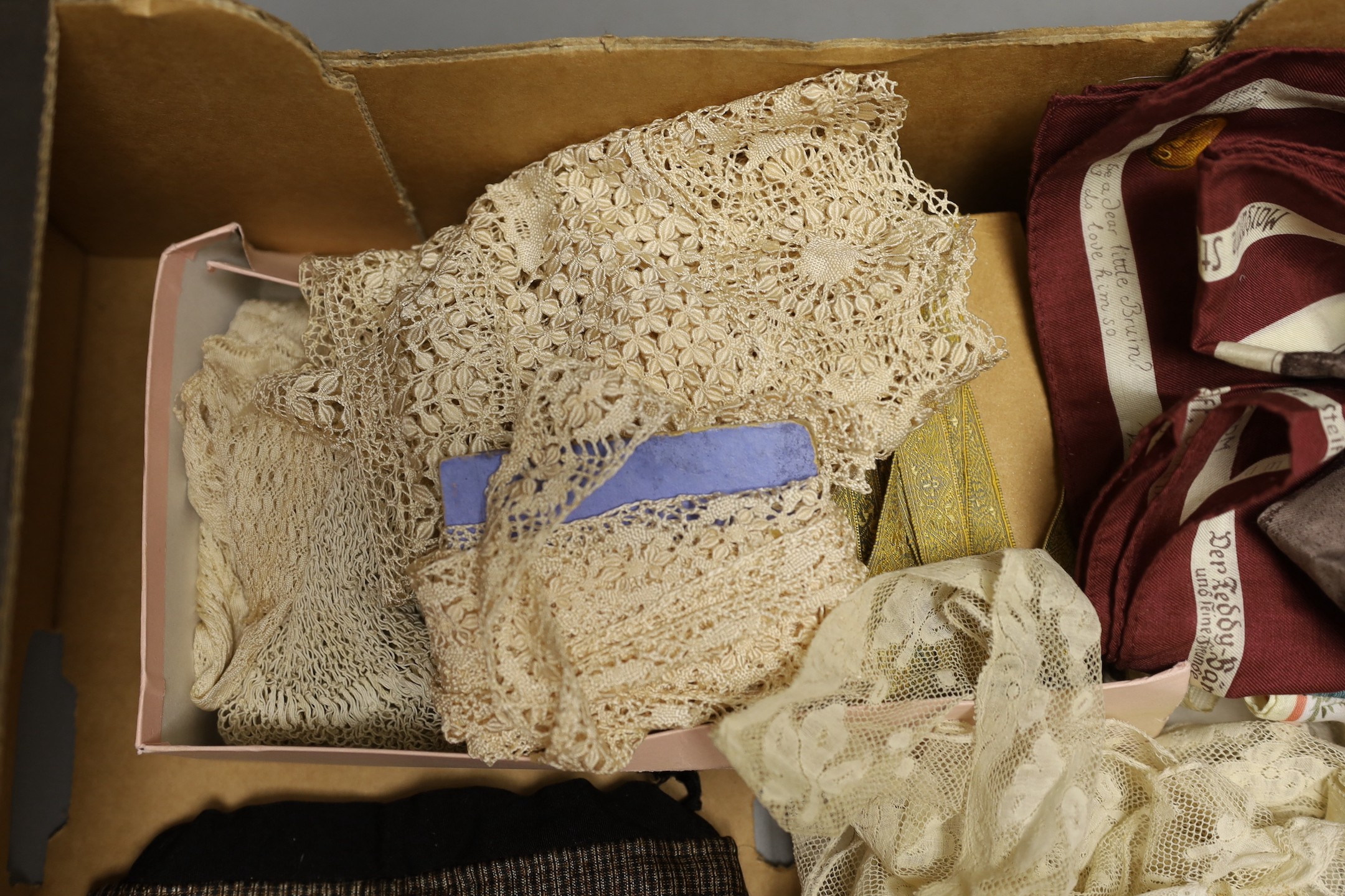 An unusual Steiff commemorative scarf, a collection of Victorian and later ribbons and a length of early 19th century fine bobbin lace, silk Maltese lace and silk mittens, etc.